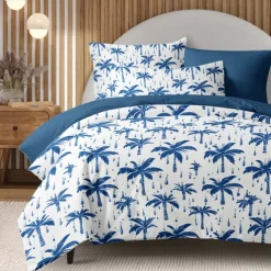 Tropical Sunset Palm Tree Duvet Cover Set, Soft Microfiber Bedding, Fade-Resistant, Includes Duvet Cover and Pillowcases, Tropical Beach Theme, Machine Washable, Queen, King, Twin Sizes