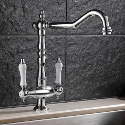 Twin Lever Traditional Kitchen Sink Mixer Taps, Dual Lever Cold and Hot Faucet Deck Mounted, 360° Swivel Spout Sink Tap with 2 Ceramic Handles, Antique Brass Classic Double Handle for Kitchen Bathroom
