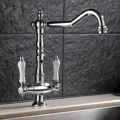 Twin Lever Traditional Kitchen Sink Mixer Taps, Dual Lever Cold and Hot Faucet Deck Mounted, 360° Swivel Spout Sink Tap with 2 Ceramic Handles, Antique Brass Classic Double Handle for Kitchen Bathroom