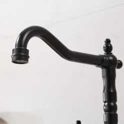 Twin Lever Traditional Kitchen Sink Mixer Taps, Dual Lever Cold and Hot Faucet Deck Mounted, 360° Swivel Spout Sink Tap with 2 Ceramic Handles, Antique Brass Classic Double Handle for Kitchen Bathroom