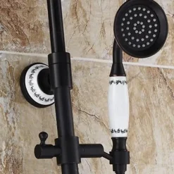 Two Handles Shower Systerm Set, Black Brass Faucet Three Holes Adjustable Electroplated Rainfall High Pressure Shower Mixer Taps with Rain Shower and Hand Shower