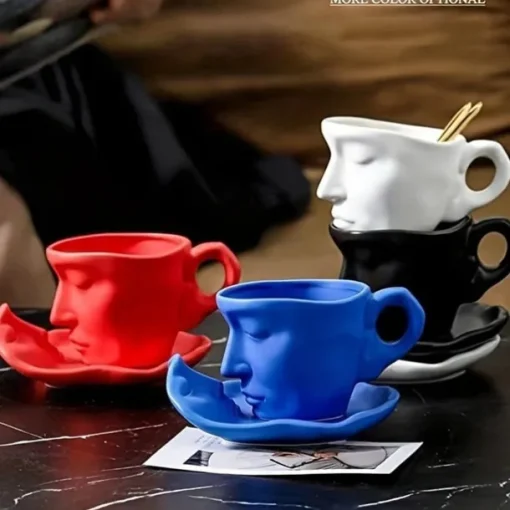 Unique Face Shaped Water Cup With Saucer, Creative Coffee Cup Set, Microwave And Dishwasher Safe