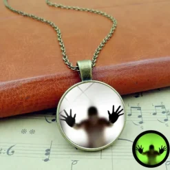 Unique Glass Pendant Necklace - Luminous Silhouette, Glowing Green, Metallic Chain for Night Events