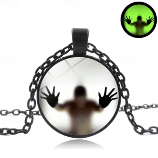 Unique Glass Pendant Necklace - Luminous Silhouette, Glowing Green, Metallic Chain for Night Events