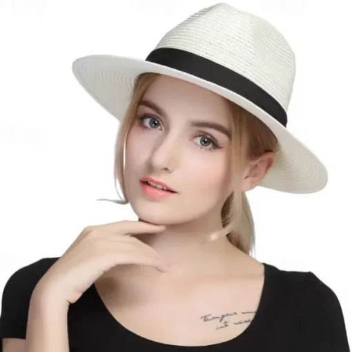 Unisex Summer Sun Hat, Panama Straw Wide Brim UV Protection Hat, Beach Hat for Travel & Outdoor, Sunshade for Men & Women