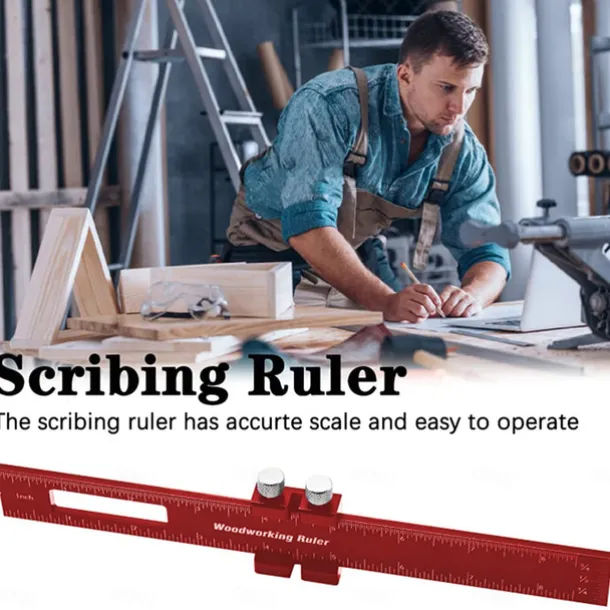 Upgrade Your Woodworking with this Precision Pocket Ruler: Aluminum Slide Ruler with Inch and Metric Measurements, T-Type Scribing, and Square Layout Tool