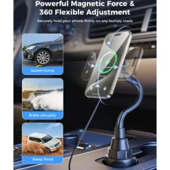 Upgraded for MagSafe Cup Holder Charger, MagSafe Car Mount Charger 15W Fast Charging with Adjustable Gooseneck for iPhone 16 15 14 13 12 Pro Max Plus Mini MagSafe Case