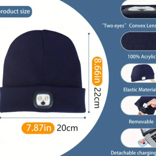 Upgraded USB Rechargeable LED Light-Up Winter Knit Cap - High Brightness, Long-Lasting Battery, 9 Colors (Black/Grey/Blue/Yellow/Orange/Pink/Green/Red/Navy) for Night Walking, Camping, Fishing