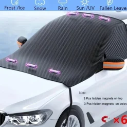 Upgraded Windshield Cover Magnet Sun Shade Waterproof Snowproof Car Front Window Sun Protection Cover With Reflective Strip & Windproof Fixing Belt