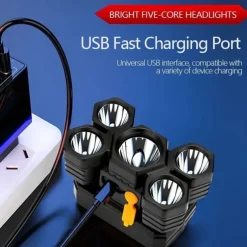 USB Rechargeable LED Head Lamp, Portable 5 LEDs Headlight Torch Work Light for Travel, Camping, Fishing, Hunting Outdoor Camping Adventure