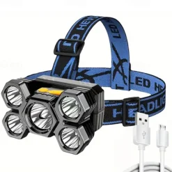 USB Rechargeable LED Head Lamp, Portable 5 LEDs Headlight Torch Work Light for Travel, Camping, Fishing, Hunting Outdoor Camping Adventure