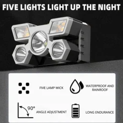 USB Rechargeable LED Head Lamp, Portable 5 LEDs Headlight Torch Work Light for Travel, Camping, Fishing, Hunting Outdoor Camping Adventure
