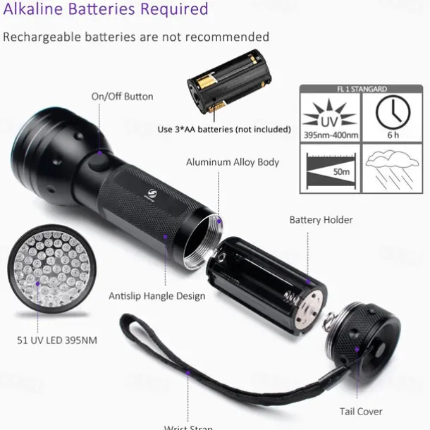UV LED Flashlights Outdoor 51 LEDs 395nm Ultra Violet Torch Light Lamp Blacklight Detector for Dog Urine Pet Stains and Bed Bug