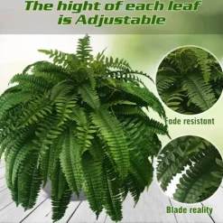 UV Resistant Lifelike Artificial Boston Fern, Artificial Ferns for Outdoors, Faux Ferns Fake Ferns Artificial Plants, Fake Boston Fern for Porch Window Home Decor