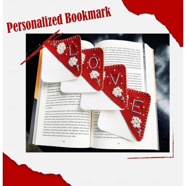Valentine's Day Personalized Hand Embroidered Corner Bookmark, Red Handmade Embroidery Felt Triangle Page Corner Bookmark for Women, Romantic Handmade Bookmarks