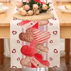 Valentines Day Table Runner Holiday Table Runner Seasonal Farmhouse Burlap Table Cloth for Wedding Anniversary Home Kitchen Dinner Table Party Decor