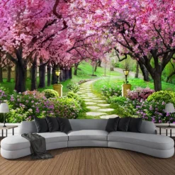 Valentine's Day Wall Tapestry Art Decor Blanket Curtain Picnic Tablecloth Hanging Home Bedroom Living Room Dorm Decoration Nature Landscape Garden Tree Flower Blossom Pathway