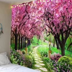 Valentine's Day Wall Tapestry Art Decor Blanket Curtain Picnic Tablecloth Hanging Home Bedroom Living Room Dorm Decoration Nature Landscape Garden Tree Flower Blossom Pathway