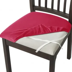 Velvet Seat Covers for Dining Room Burgundy Stretch Fitted Dining Room Upholstered Chair Seat Cushion Cover, Removable Washable Furniture Protector Slipcovers with Ties