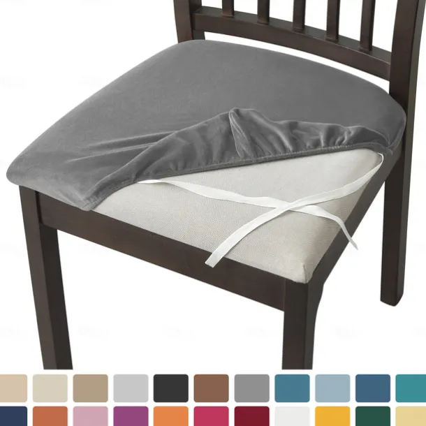 Velvet Seat Covers for Dining Room Burgundy Stretch Fitted Dining Room Upholstered Chair Seat Cushion Cover, Removable Washable Furniture Protector Slipcovers with Ties