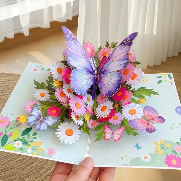 Vibrant 3D Butterfly & Daisy Pop-Up Greeting Card Best Gift for Mom, Mother's Day Flower Bouquet Card, Teacher Appreciation, Birthday, Thank You Greeting