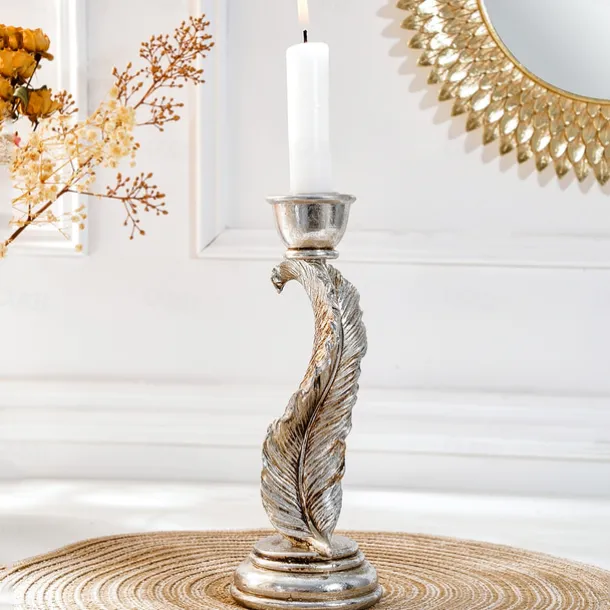 Vintage Antique Silver Feather Candle Holder – Rustic Resin Taper Candle Stand for Home, Wedding, Party, and Dining Table Decoration