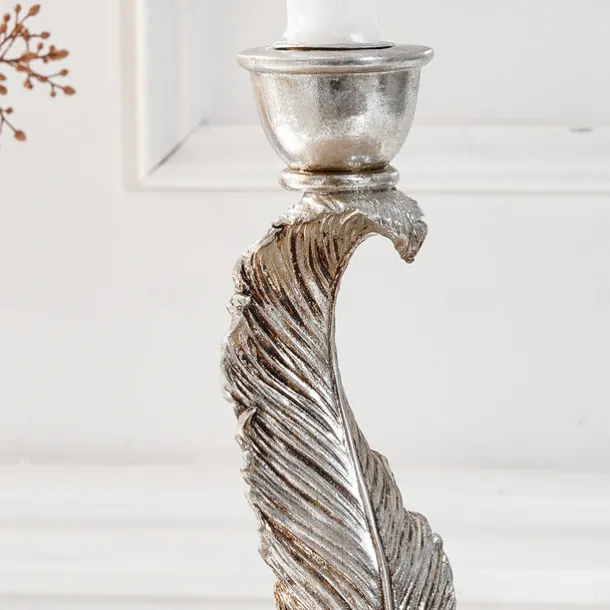 Vintage Antique Silver Feather Candle Holder – Rustic Resin Taper Candle Stand for Home, Wedding, Party, and Dining Table Decoration