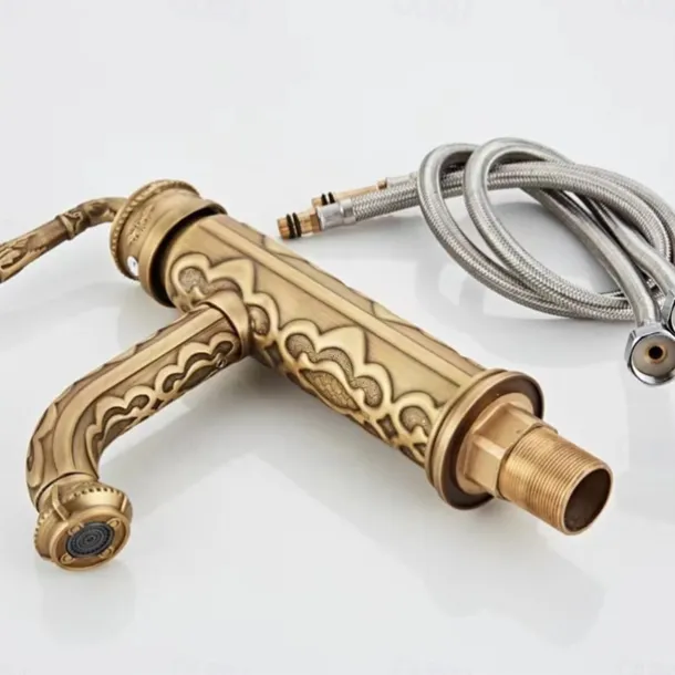 Vintage Bathroom Sink Mixer Faucet, 360 Swivel Spout Retro Monobloc Washroom Basin Taps, Antique Water Tap Single Handle One Hole Deck Mounted with Hot and Cold Hose