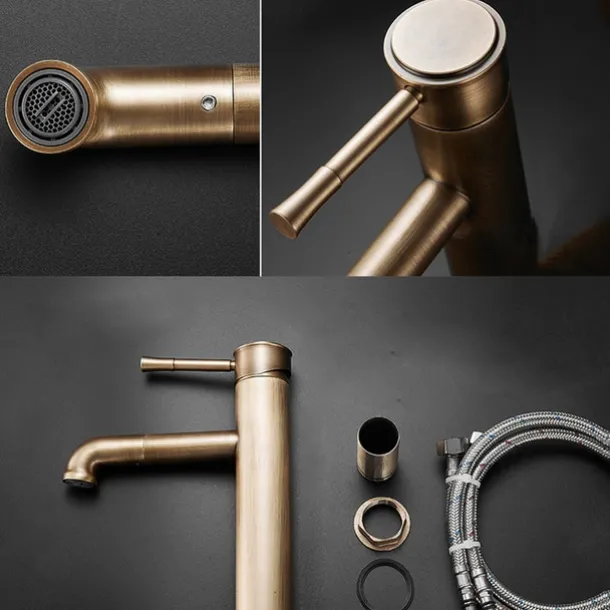 Vintage Bathroom Sink Mixer Faucet Tall, Monobloc Washroom Basin Taps Single Handle One Hole Deck Mounted Antique, with Hot and Cold Hose Retro Water Taps Brass Black