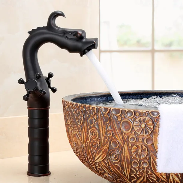 Vintage Bathroom Sink Mixer Faucet, Washroom Mono Basin Taps Classic Antique Brass Centerset Two Handles One Hole Water Tap with Cold Hot Hose