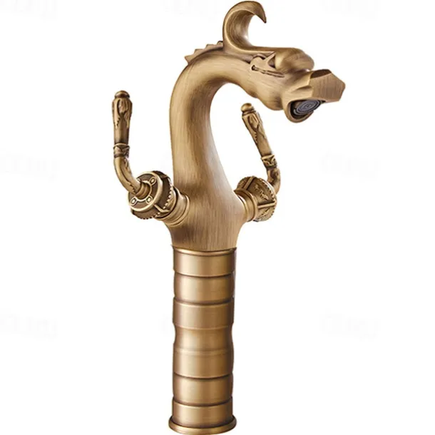 Vintage Bathroom Sink Mixer Faucet, Washroom Mono Basin Taps Classic Antique Brass Centerset Two Handles One Hole Water Tap with Cold Hot Hose