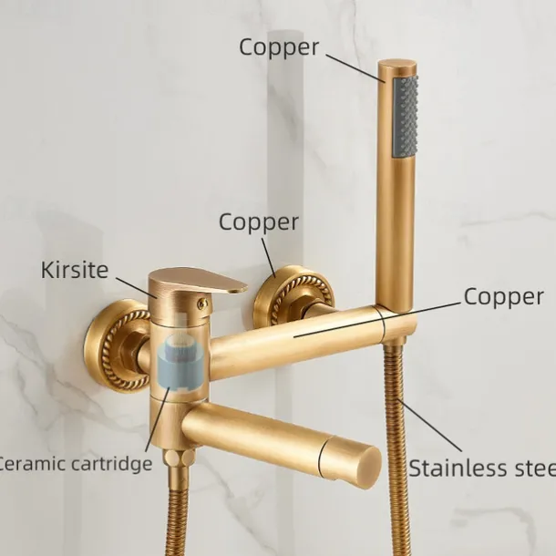 Vintage Bathtub Faucet Dual Spout Wall Mounted Golden, Bath Tub Filler Mixer Brass Tap with Heldhand Showerhand, Ceramic Valve Single Handle Control