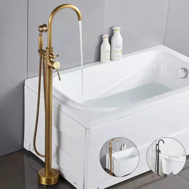 Vintage Bathtub Faucet Floor Mount, Bath Tub Filler Mixer Tap Freestanding with Heldhand Showerhand, 360 Swivel High Arc Spout Standing Shower Faucet