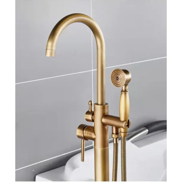 Vintage Bathtub Faucet Floor Mount, Bath Tub Filler Mixer Tap Freestanding with Heldhand Showerhand, 360 Swivel High Arc Spout Standing Shower Faucet