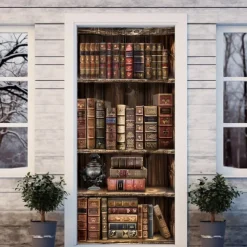 Vintage Bookshelf Door Covers Mural Decor Door Tapestry Door Curtain Decoration Backdrop Door Banner Removable for Front Door Indoor Outdoor Home Room Decoration Farmhouse Decor Supplies