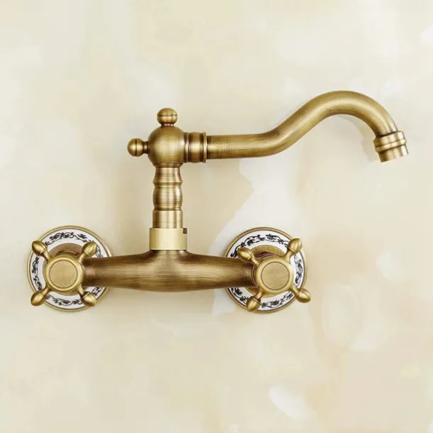 Vintage Brass Bathtub Faucet Wall Mounted Dual Handle Bath Tub Taps, Bathroom Mixer Tap, with Cold and Hot Hose