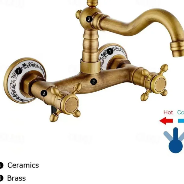 Vintage Brass Bathtub Faucet Wall Mounted Dual Handle Bath Tub Taps, Bathroom Mixer Tap, with Cold and Hot Hose