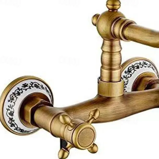 Vintage Brass Bathtub Faucet Wall Mounted Dual Handle Bath Tub Taps, Bathroom Mixer Tap, with Cold and Hot Hose