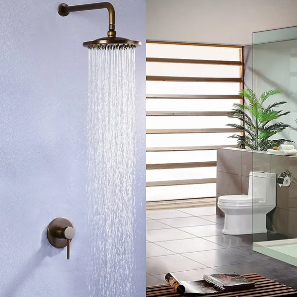 Vintage Concealed Shower Faucet Combo Set 8" Shower Head, Shower System Mixer Rough In Valve Rainfall High Pressure Head with Drain, Wall Monted Tub and Shower Trim Kit Bathroom Bath