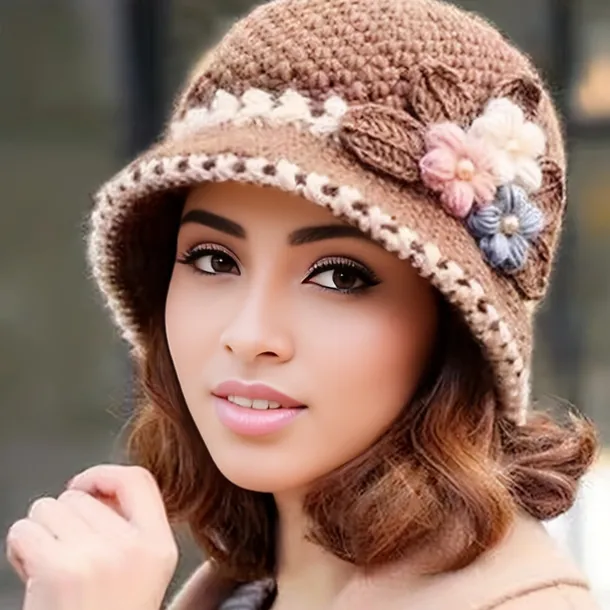 Vintage Flower Crochet Bucket Hat Thick Coldproof Basin Hats Warm Fisherman Cap For Women daily use Autumn & Winter