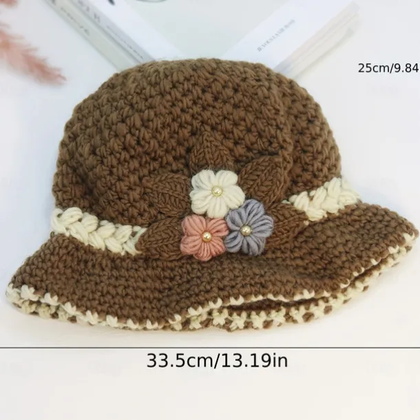 Vintage Flower Crochet Bucket Hat Thick Coldproof Basin Hats Warm Fisherman Cap For Women daily use Autumn & Winter