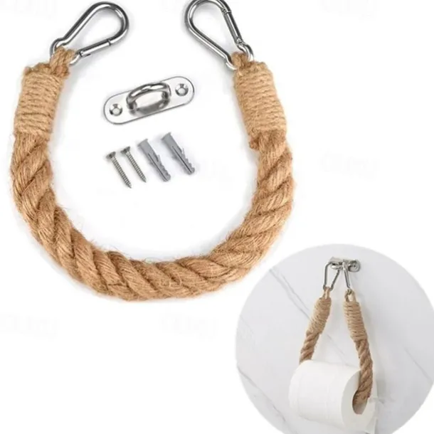 Vintage Hemp Rope Toilet Paper Holder - Easy Assembly, Jute Towel Holder for Bathroom or Kitchen, Toilet Roll Holder, Knitting Towel Rack, Bathroom Hanging Towel Hook