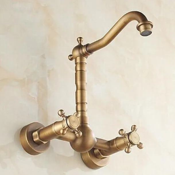 Vintage Kitchen Sink Mixer Faucet Wall Mounted, 360 Swivel Spout Retro Style Brass 2 Handle 2 Hole Vessel Taps, Traditional Kitchen Taps with Hot and Cold Water Hose