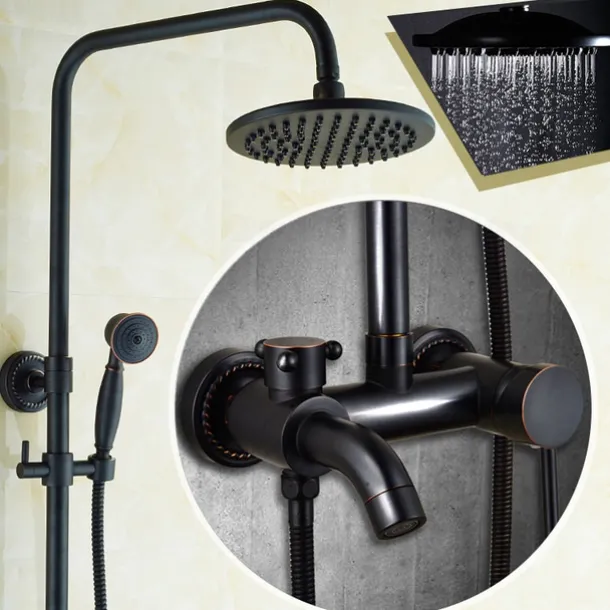 Vintage Shower Faucet Set, Shower System 8" Rainfall Shower Head System Kit, Handshower Included Rainfall Shower Antique Style Country Electroplated Mount Outside Brass Valve Bath Shower Mixer Taps