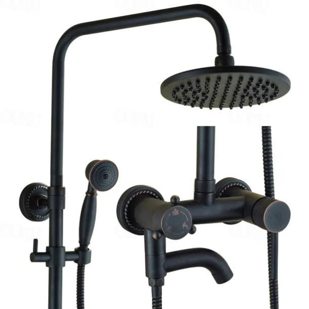 Vintage Shower Faucet Set, Shower System 8" Rainfall Shower Head System Kit, Handshower Included Rainfall Shower Antique Style Country Electroplated Mount Outside Brass Valve Bath Shower Mixer Taps