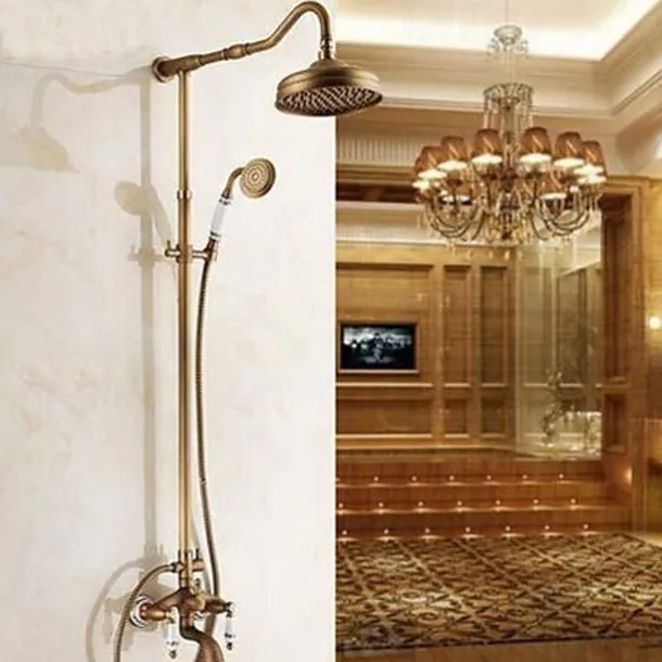 Vintage Shower Faucet Set, Brass Shower System Oil-rubbed Bronze Rainfall 2 Handles 3 Holes Contain with Rain Shower/Shower rod/Handshower/Supply Lines and Hot/Cold Water