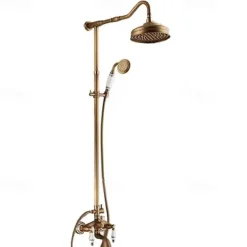 Vintage Shower Faucet Set, Brass Shower System Oil-rubbed Bronze Rainfall 2 Handles 3 Holes Contain with Rain Shower/Shower rod/Handshower/Supply Lines and Hot/Cold Water