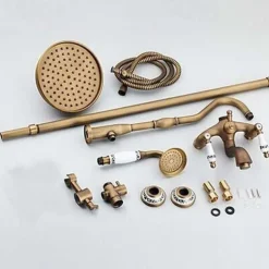 Vintage Shower Faucet Set, Brass Shower System Oil-rubbed Bronze Rainfall 2 Handles 3 Holes Contain with Rain Shower/Shower rod/Handshower/Supply Lines and Hot/Cold Water