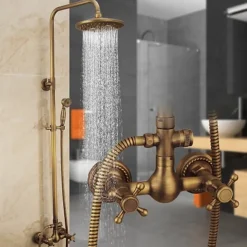 Vintage Shower System Faucet Combo Set Ceramic Mixer Valve, 8 inch Brass Rainfall Shower Head Showerhead with Handheld Spray, Antique Wall Mounted Tub and Shower Kit Bathroom Bath