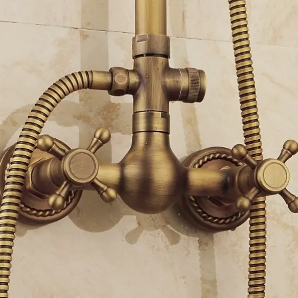 Vintage Shower System Faucet Combo Set Ceramic Mixer Valve, 8 inch Brass Rainfall Shower Head Showerhead with Handheld Spray, Antique Wall Mounted Tub and Shower Kit Bathroom Bath